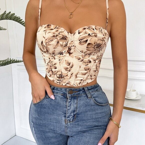 Multicolor Boho Women's Floral Print Lace Up Back Crop Cami Top - Picture 5 of 6